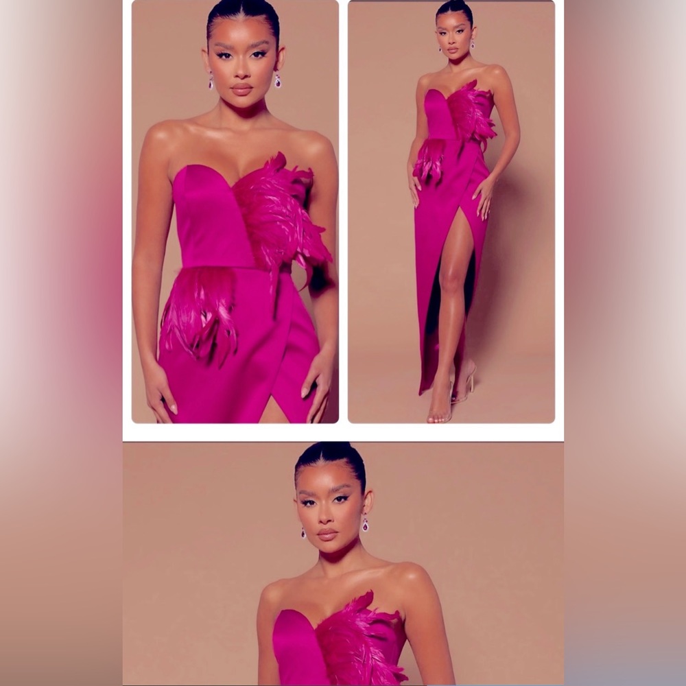Fashion Nova Jaqueline Asymmetrical Maxi Dress. Fuchsia feathered dress